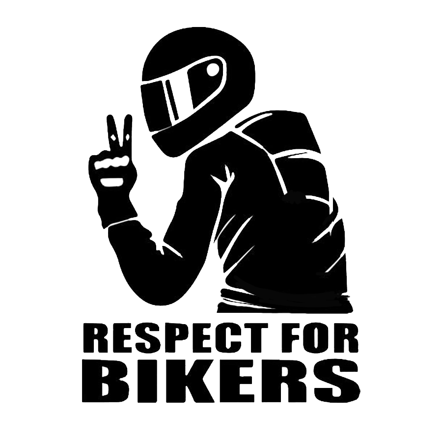 Black and white decal showing a helmeted motorcyclist making a peace sign above the words “RESPECT FOR BIKERS.”