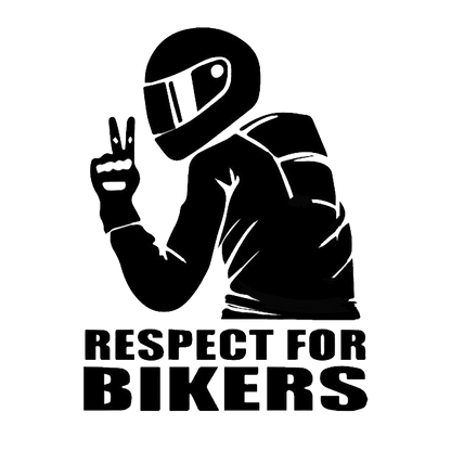 Black and white decal showing a helmeted motorcyclist making a peace sign above the words “RESPECT FOR BIKERS.”