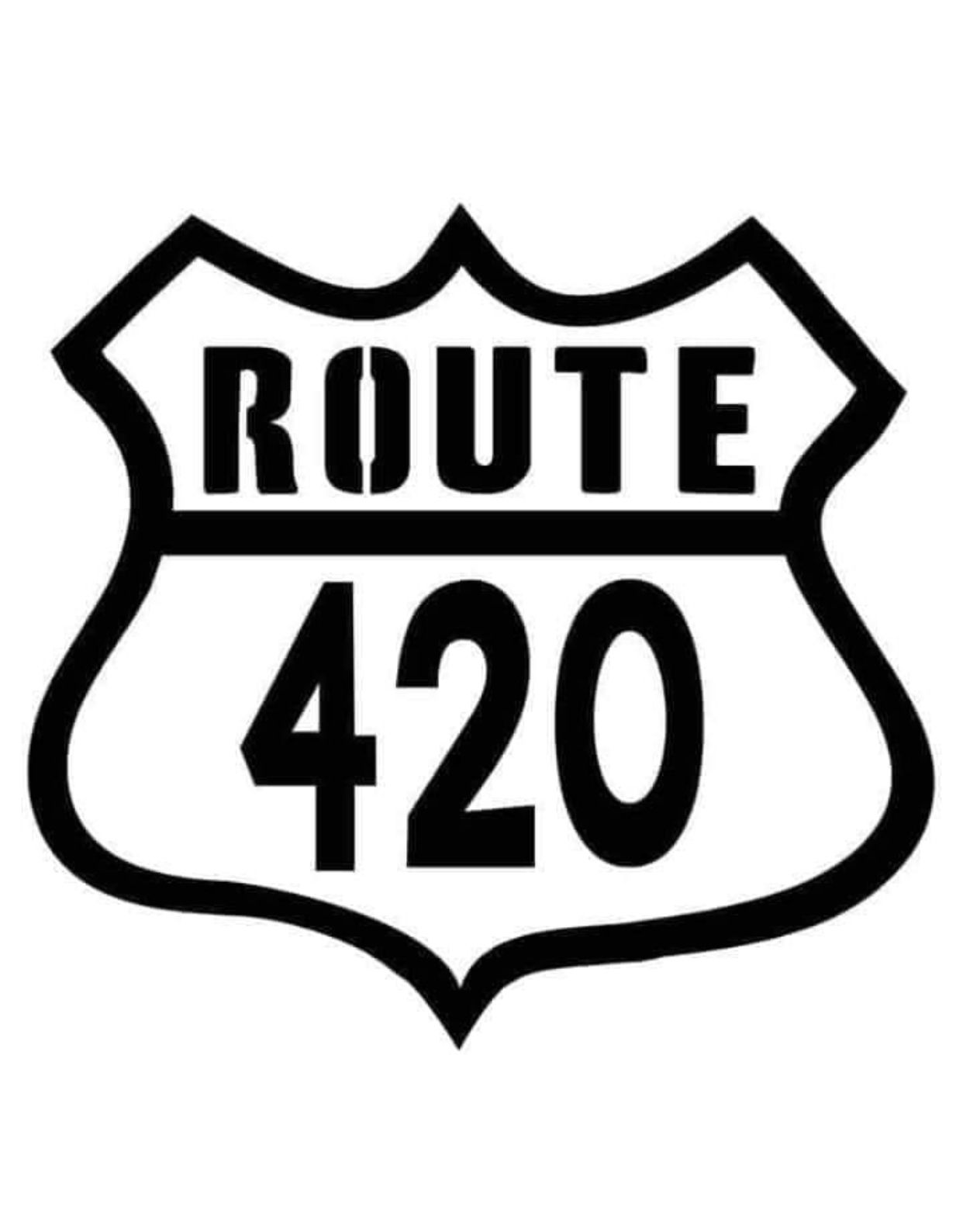 Black and white novelty road sign decal featuring the word “ROUTE” above the number “420” inside a shield-shaped highway sign.