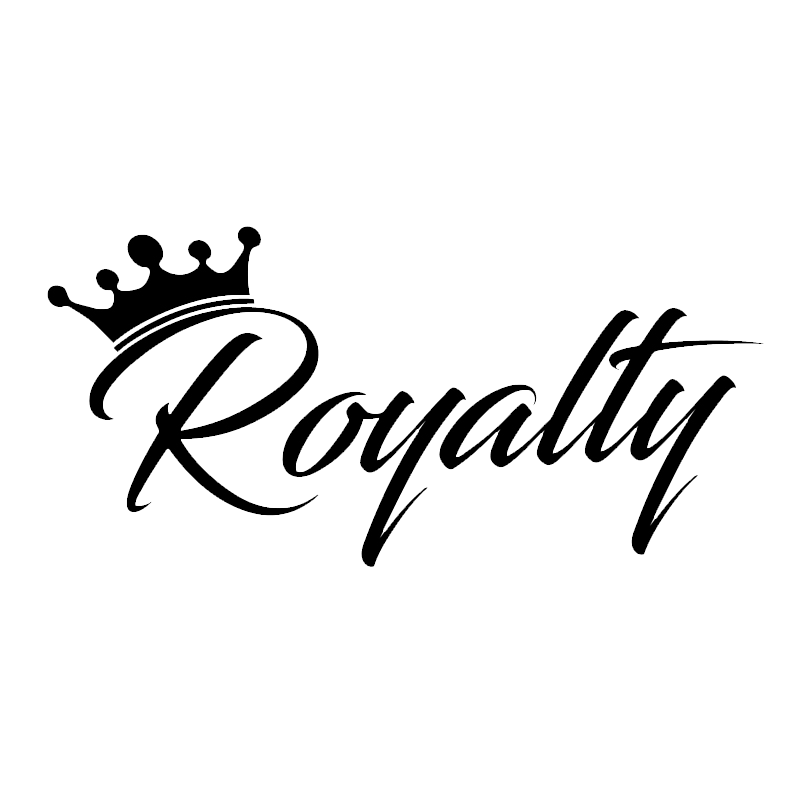 Black script lettering spelling “Royalty” with a decorative crown above the first letter on a white background.