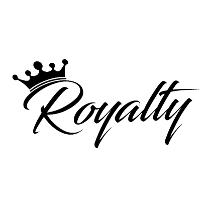 Black script lettering spelling “Royalty” with a decorative crown above the first letter on a white background.