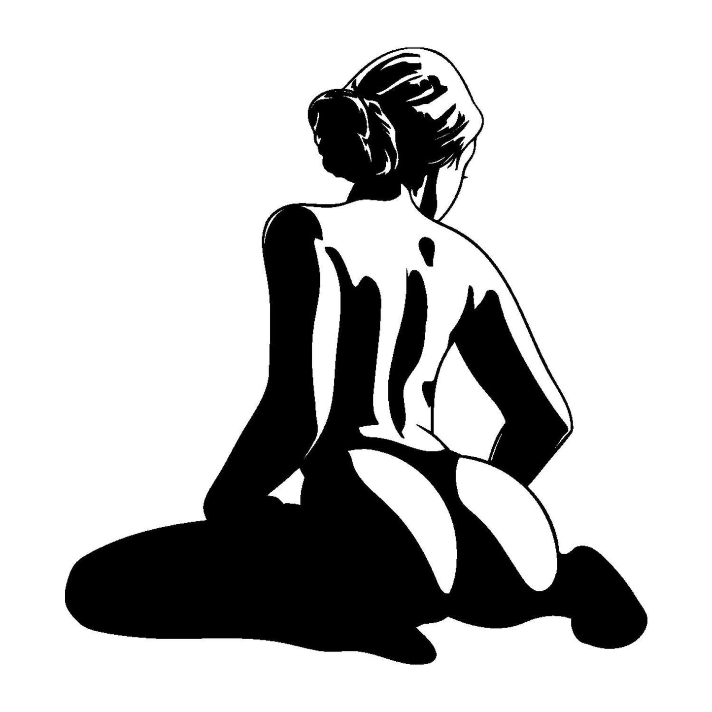 Black and white silhouette decal of a kneeling woman viewed from behind.