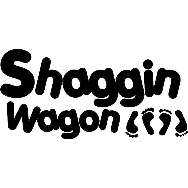 Black lettering reading “Shaggin Waggin” with stylized dog paw prints on a white background.