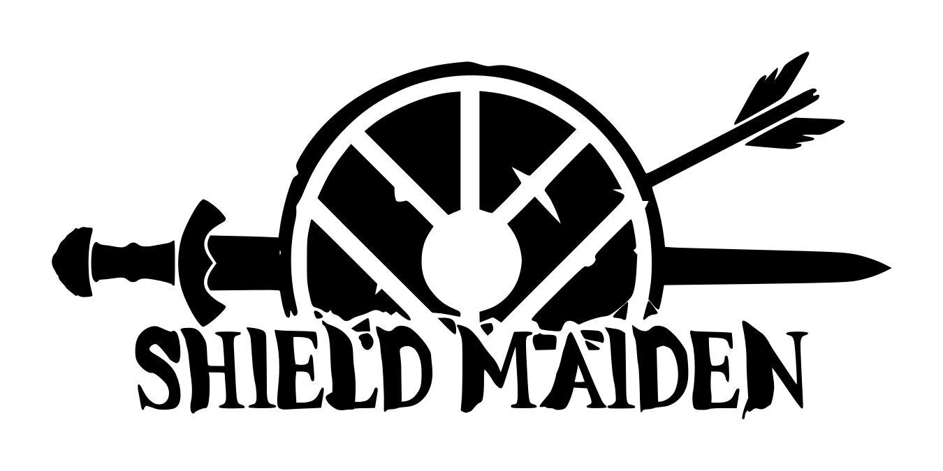 Black Shield Maiden Viking decal featuring a round shield, crossed weapons, sword, and arrow above bold text reading Shield Maiden.