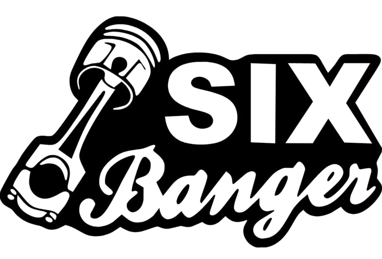 Black and white Six Banger decal featuring a piston graphic and bold vintage lettering.