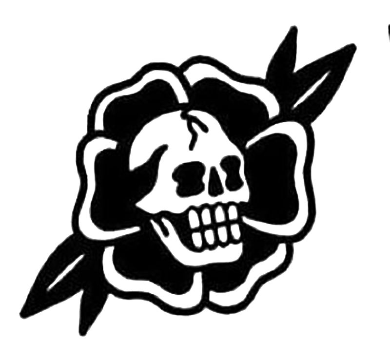 Black and white old school tattoo-style decal showing a skull layered over a rose with pointed leaves.