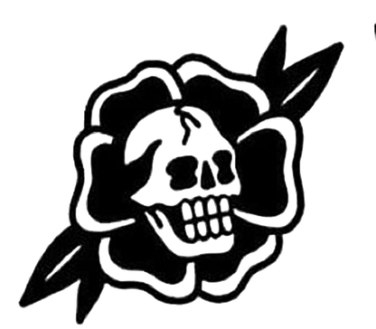 Black and white old school tattoo-style decal showing a skull layered over a rose with pointed leaves.