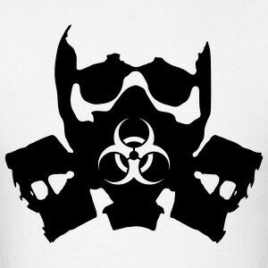 Black skull decal featuring a prominent biohazard radiation symbol on a white background.