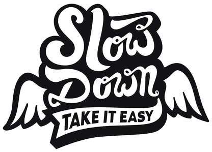 Black and white winged decal featuring the words “Slow Down” and “Take It Easy” in stylized lettering.
