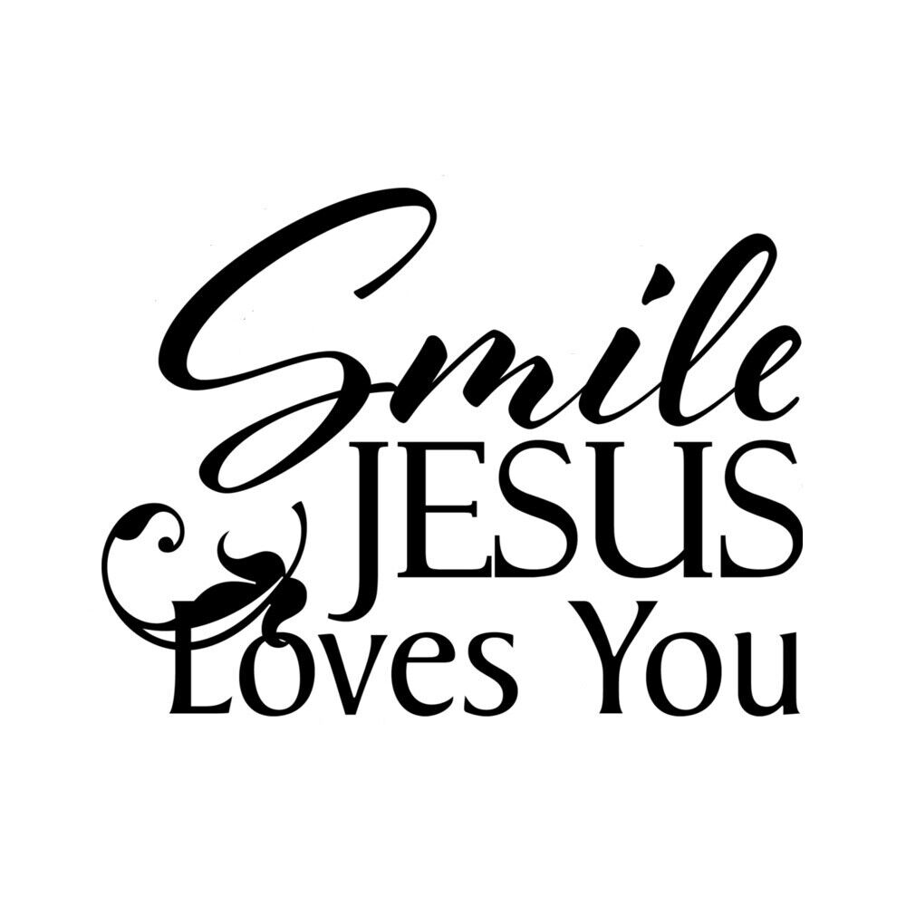 Black typographic decal reading “Smile Jesus Loves You” on a white background.