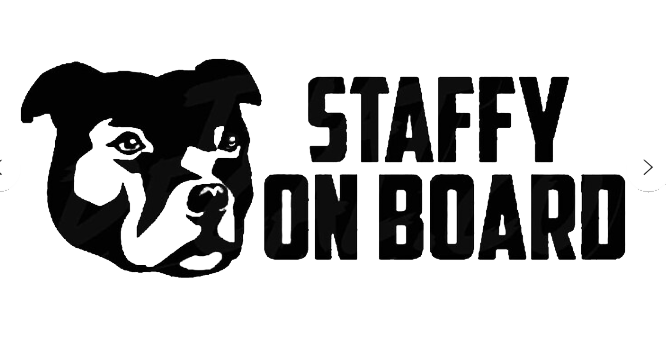Black and white Staffordshire bull terrier head beside bold text reading “STAFFY ON BOARD.”
