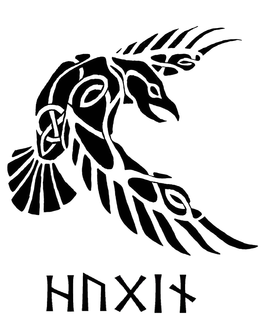 Black stylized Viking raven Huginn decal with Norse-inspired runes beneath the bird.