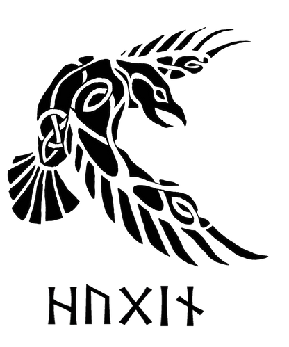 Black stylized Viking raven Huginn decal with Norse-inspired runes beneath the bird.