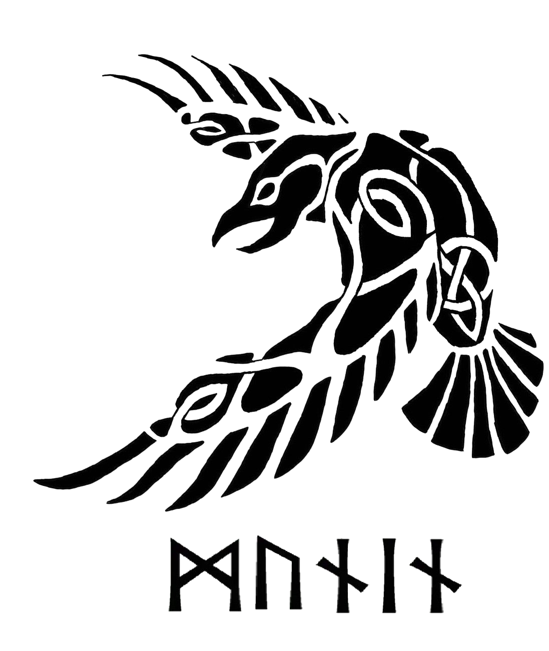 Black stylized Viking raven decal with sweeping feathers and runic lettering beneath on a white background.