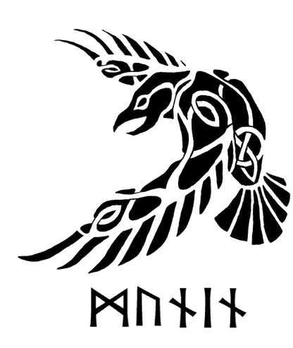 Black stylized Viking raven decal with sweeping feathers and runic lettering beneath on a white background.