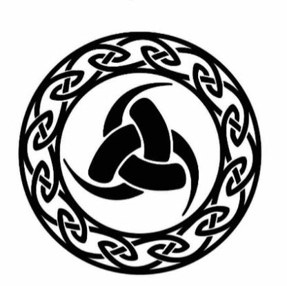 Black circular Viking triskelion symbol surrounded by an interwoven Celtic knot border on a white background.