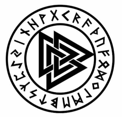 Black and white circular Viking decal featuring a bold Valknut symbol in the center and runic lettering around the edge.