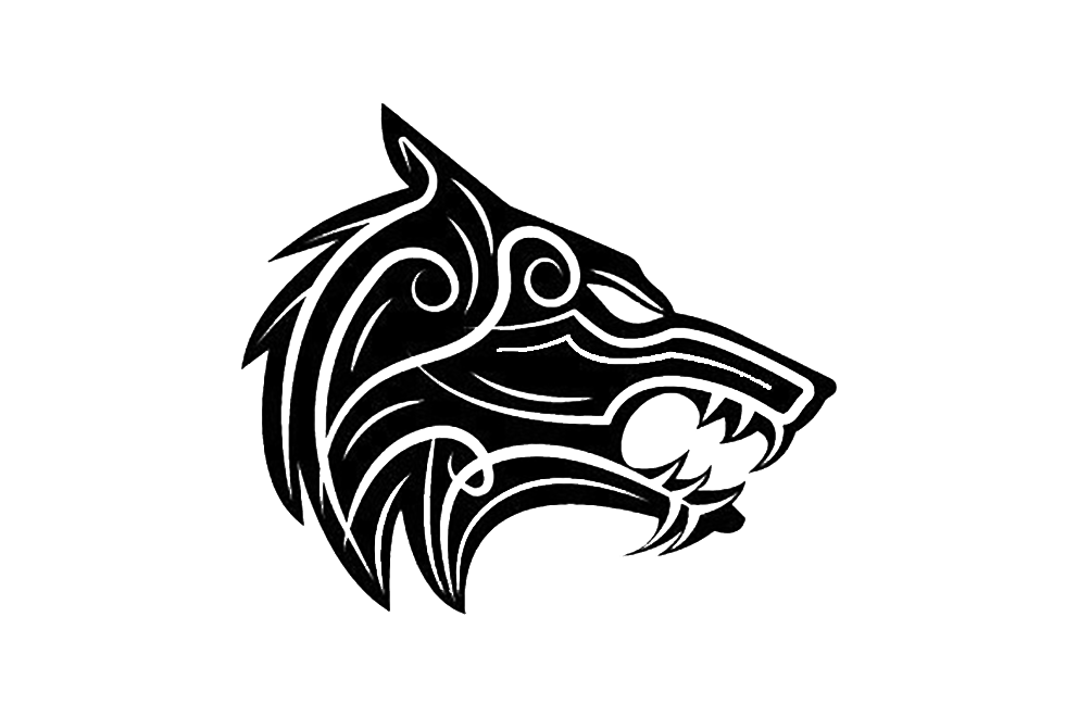 Black and white stylized wolf head decal with flowing Viking-inspired linework.