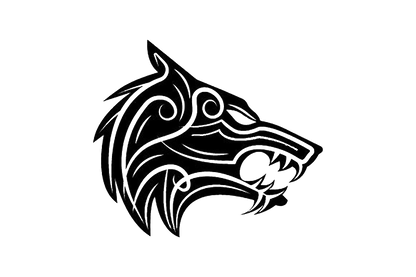Black and white stylized wolf head decal with flowing Viking-inspired linework.