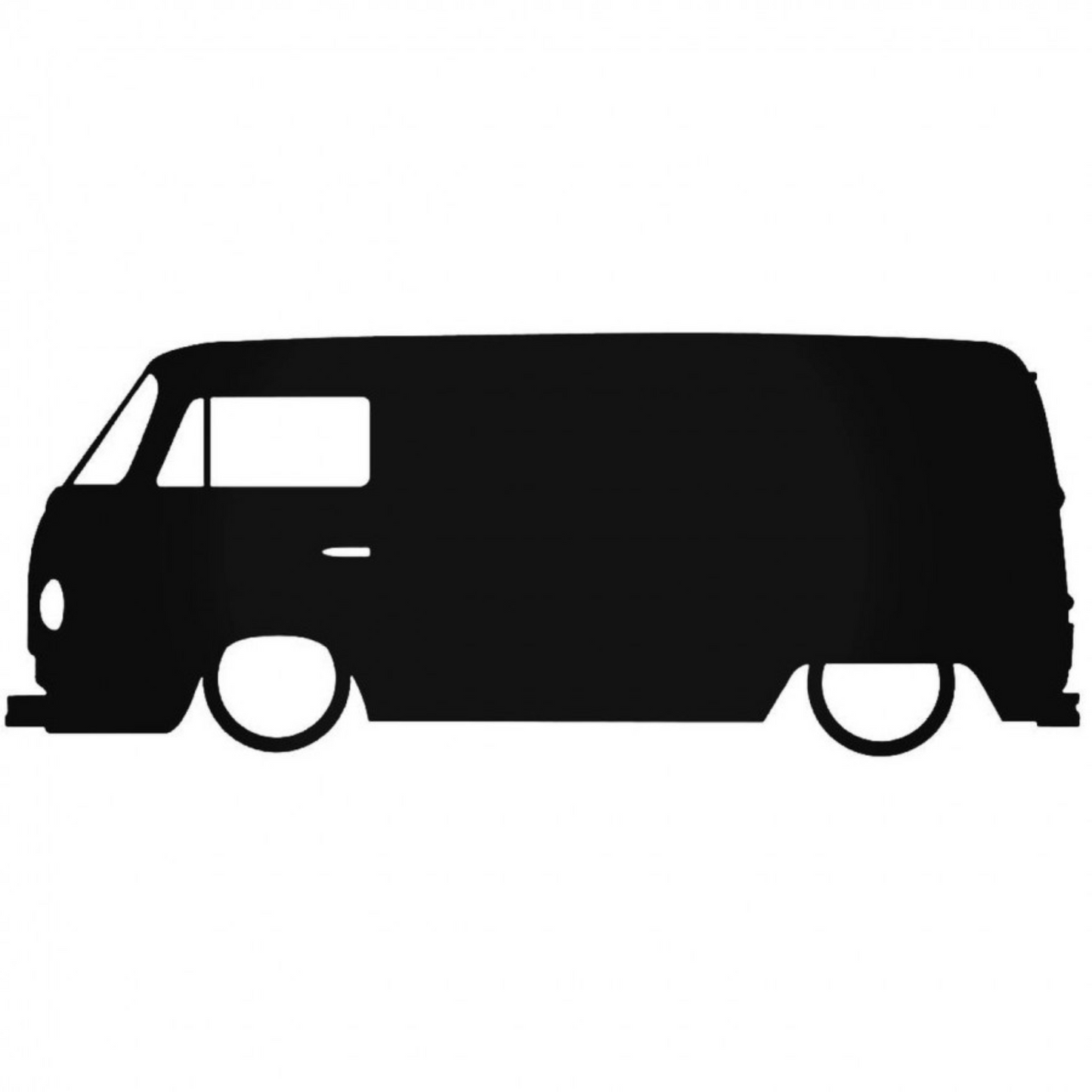 Black silhouette decal of a lowered classic Volkswagen Type 2 camper van viewed from the side.