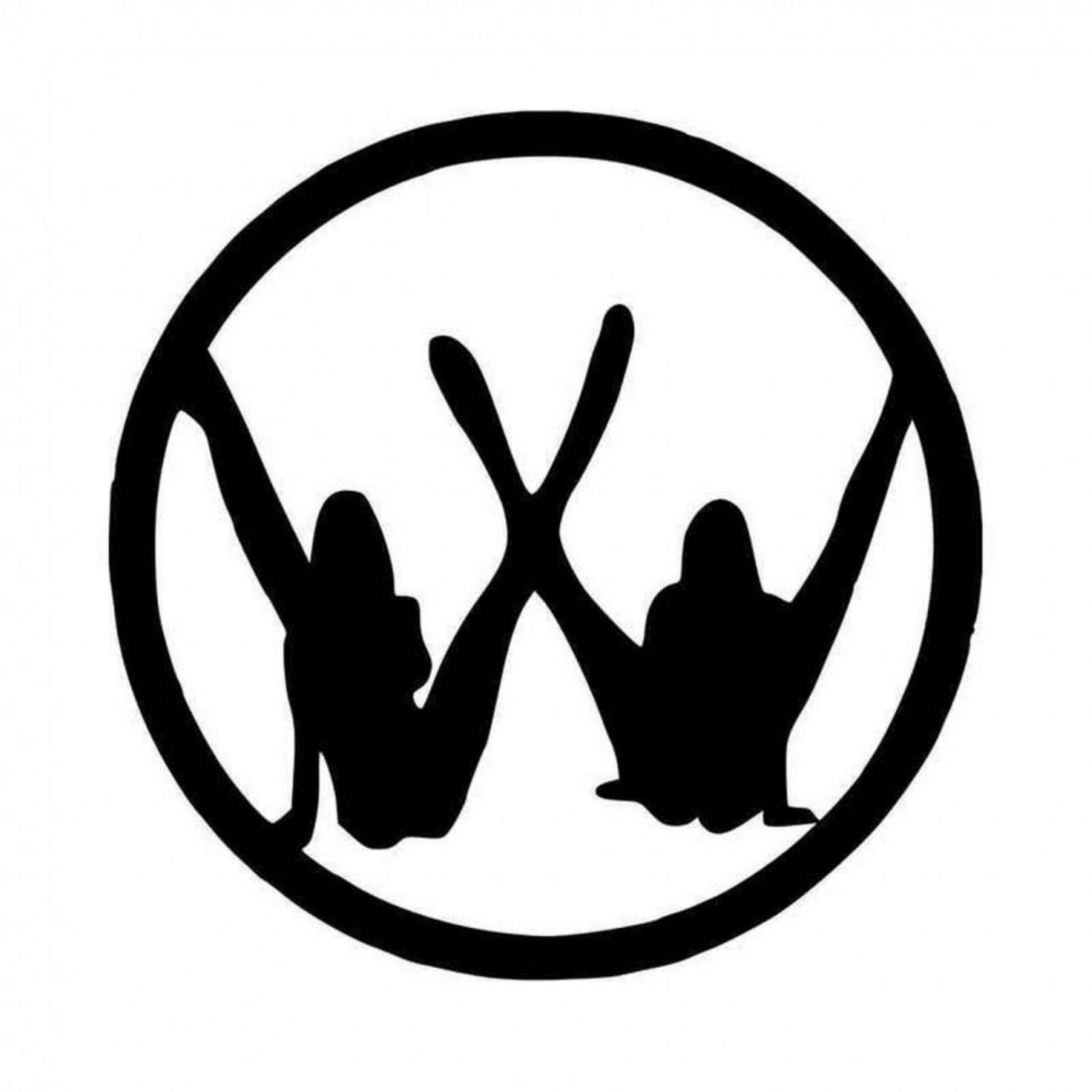 Black circular decal featuring two stylized hands forming a suggestive V gesture, suitable for Volkswagen vehicles.