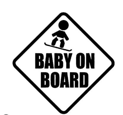 Black and white diamond-shaped warning decal featuring a baby icon above the words “BABY ON BOARD.”