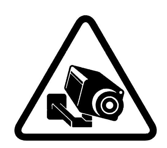 Black CCTV security camera icon inside a triangular warning sign decal.