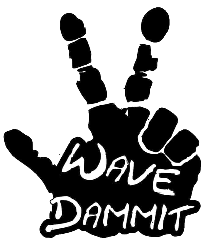 Black decal featuring raised hand gestures with the words “WAVE DAMMIT” in bold white lettering.