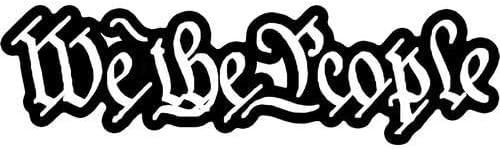Black-and-white gothic lettering decal reading “We The People.”