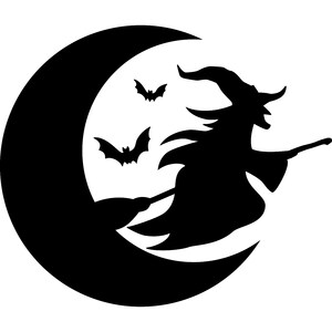Black silhouette of a witch flying across a crescent moon with two bats