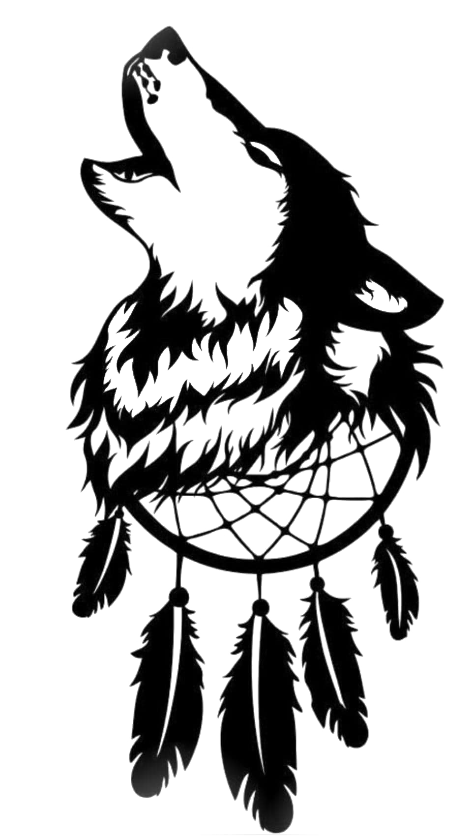 Black and white wolf howling above a dreamcatcher with feathers