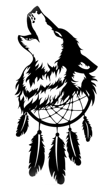 Black and white wolf howling above a dreamcatcher with feathers