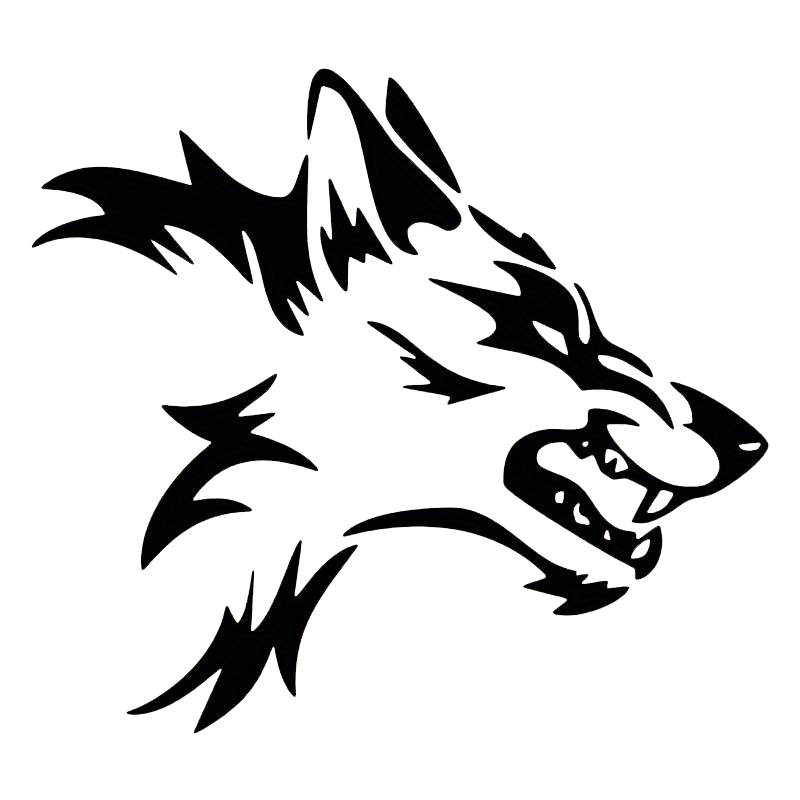 Black stylized wolf head decal with pointed fur, sharp ears, and bared teeth on a white background.
