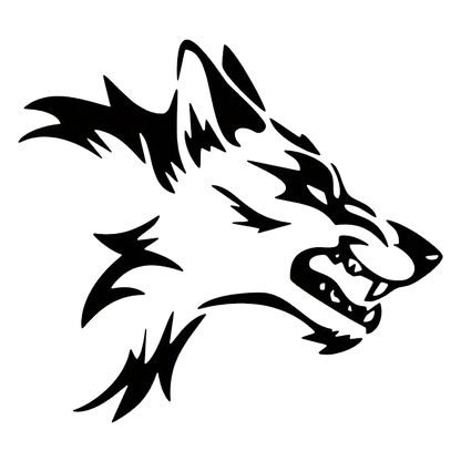 Black stylized wolf head decal with pointed fur, sharp ears, and bared teeth on a white background.